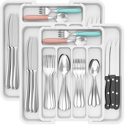 Lifewit 2 Stk. Besteckkasten für Schublade, Verstellbarer Küchenutensilienhalter Tiefe 31 cm, Kleiner Küche Organizer erweiterbar auf 37 cm, Besteckhalter Utensilienhalter für Löffe/Gabeln, Weiß