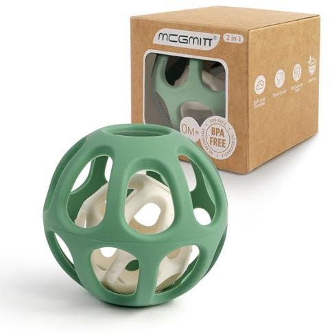 MCGMITT Beißring für Babys - 2 in 1 Beißspielzeug Zahnungshilfe aus Silikon Greifball für Baby Sensorik Spielzeug ab 0 Monate Schmerzlindernde Zahnen Nursing Zubehör BPA-frei, Baby Geschenke(Grün)