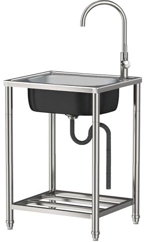Freistehende Edelstahl Spültisch Gastro 1 Becken, | |Gewerbliche Spülbecken mit Wasserhahn,Ablassvorrichtung, für Bepflanzung von Blumenkästen und Töpfen, Gartengeräte-Reinigung (60x45x82cm)
