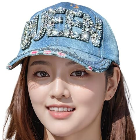 Popfizzy Bling-Mütze für Frauen, lustige Strass-Baseballkappe, Bedazzled Distressed Denim-Hut, Geburtstagsgeschenke für Frauen und Mädchen, Queen (Hellblau), Einheitsgröße