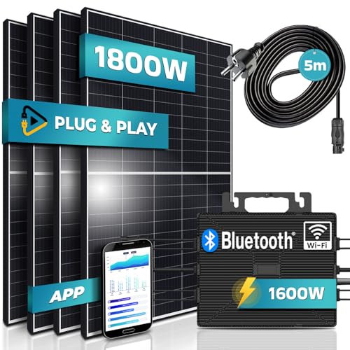 SUNNIVA® 1800W Balkonkraftwerk 1600W komplett Steckdose - Astro Energy 1600W Wechselrichter - PV Solaranlage Komplettset - 4x 450W Solarmodule - inkl. 5m Kabel - Bluetooth WIFI