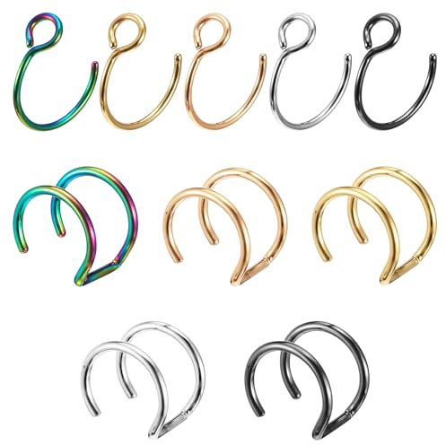 Psyqtsuary Fake Piercings 10 Stück Fake Nasenpiercing Edelstahl Fake Nose Ring 8mm Fake Nasenring Fake Septum Nasenring Fakes Nasenpiercing Ring für Männer Frauen, 5 Farben, 2 Stile