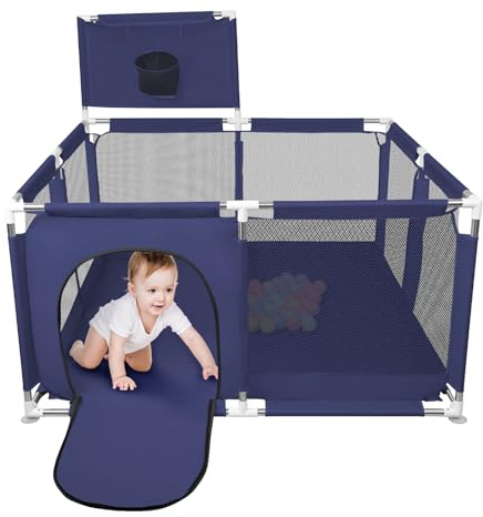 Laufstall für Babys – mit bunten Bällen, Saugnäpfen, Sicherheitsdesign aus atmungsaktivem Netz, Tür mit Reißverschluss, robustes Material (Blau, 126 x 126 x 66 cm)