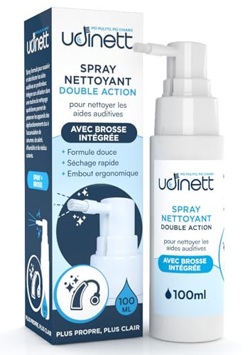 Spray Nettoyant pour Appareils Auditifs 100ml avec Brosse Udinett Sanitizing Élimine le Cérumen et la Saleté pour Nettoyer les Écouteurs Bluetooth Formule Délicate Séchage Rapide