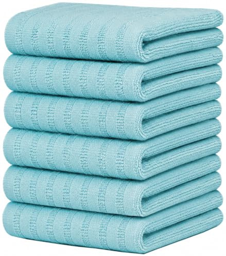 Premium Kitchen Towels (20”x 28”, 6 Pack) | Large Solid Cotton Hand Towels | 400 GSM | Highly Absorbent Dish Cloths with Hanging Loop | Aqua
