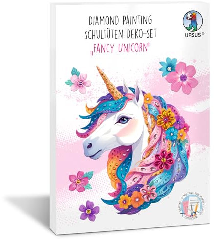Ursus 10020001F - Diamond Painting Dekorations-Set Fancy Unicorn für eine Schultüte, 4 Bogen Bastelkarton, beidseitig bedruckt, vorgestanzt, genutet, mit Diamantsteinen und Satinband
