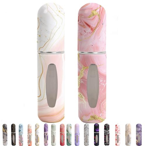 Syyflibb Perfume Atomiser Refillable Perfume Atomizer Travel Bottles– Portable Leakproof Mini Sprayer for Cologne & Essential Oils, Plastic Empty Perfume Bottles with Unique Patterns (White and Pink)