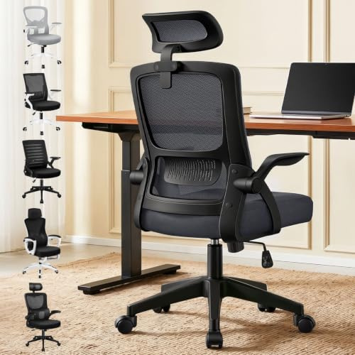 ELFORDSON Ergonomic Office Chair, Mesh Desk Chairs with Headrest Lumbar Support, Executive Computer Swivel Chairs with Flip-up Armrests, Comfy Seat, Height Adjustable, Rocking for Home, Dark Grey