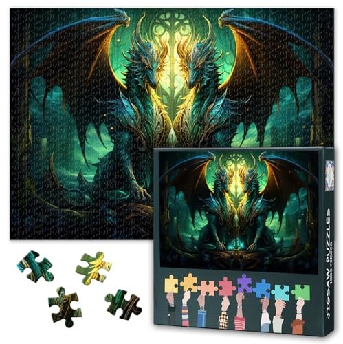 Fantasy Puzzles, Ancient Dragons with Scales of Emerald and Gold Puzzle for Adults 1000 Pieces, Impossible Challenging Difficult Jigsaw Puzzles for Adults, 50x70 cm