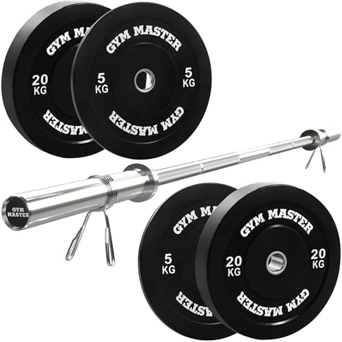 GYM MASTER Olympic Weight Lifting Bar & Black Bumper Weights Set - 6ft Int'l barbell + 50kg plates