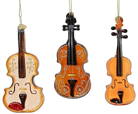 Kaemingk Christbaumschmuck Glas 12cm - Geige Figur zum Aufhängen - 1 Stück Sortiert - Weihnachtsbaum Anhänger für Weihnachten - Christbaumanhänger & Weihnachtsbaumschmuck - Musik Instrument Braun
