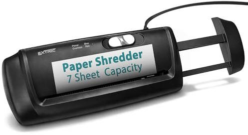 EXTRIC Paper Shredder for Home 7 Sheet Strip-Cut Mini Document Shredder | Heavy Duty Portable Paper Shredder Without Basket, Extendable Arm & Credit Card Slot, Features Overheat and Jam Protection