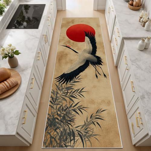 Feuilles De Bambou Vintage, Grue À Couronne Rouge Tapis Salon Lavable 60x150 cm Tapis antidérapant, Paysage Lunaire Vintage Descente de Lit pour Le Salon, l'entrée, la Chambre et la Cuisine Carpet