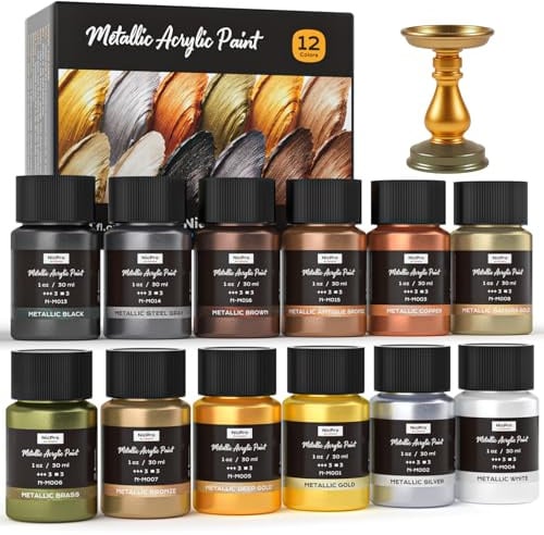Nicpro Peinture Acrylique Métallisée 12 Couleurs X 30 ml, Non Toxique, Brillance Métallique Résistante À La Lumière, Peinture Acrylique pour Tous Types De Surfaces : Toile, Bois, Argile Et Métal