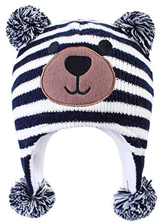 LANGZHEN Kleinkind Kinder Kleinkind Winter Hut, Earflap Strick Warm Cap Fleece gefütterte Mütze für Baby Boys (Bär-Navy Streifen, S(46-48CM/18.11-18.9))