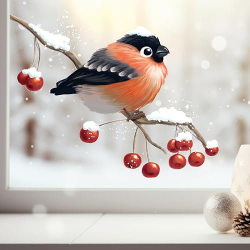 Wandtattoo Loft Fensterbilder Weihnachten mit winterlichen Gimpel – Wiederverwendbar – A4 Bogen – Weihnachstdeko Fenster Kinderzimmer, Weihnachtsbilder Fenster, Fensterbild Winter