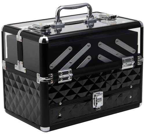 HOMCOM Maletín de Maquillaje Bisutería Organizador Cosméticos Portátil Múltiples Niveles con Asa y Bandejas Desplegables Aleación de Aluminio 30x18,5x22 cm Transparente y Negro