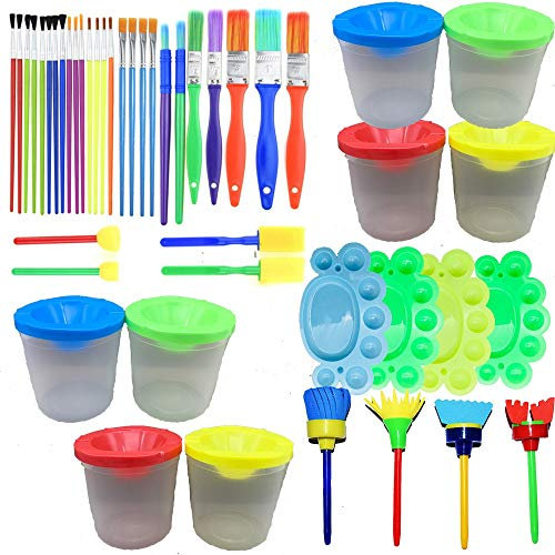 Fycooler Kids Paint Brushes Sponge Kits, 46 Pcs Painting Brushes Drawing Tools Kits,No Spill Paint Cups and Brushes Children Early DIY Learning Paint Sets For Kids Arts and Crafts for toddlers