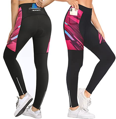 NICEWIN Radlerhose Fahrradhose Damen Lang mit Sitzpolster 4D Gepolsterte Radhose Atmungsaktiv Schnell Trocknend stoßfeste Elastisch Hosen,L,Schwarz/Rot