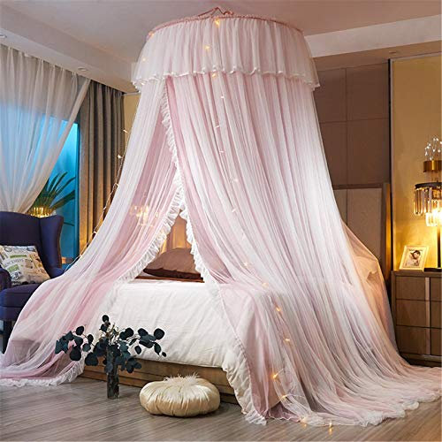 Fengflaw 2 Strati Zanzariera Baldacchino con Accendere Stelle Cupola Tenda Pizzo Rotondo Universale Soffitto Principessa Letto a baldacchino Copriletto Tulle Maglia Zanzariera Tenda appesa,Rosa