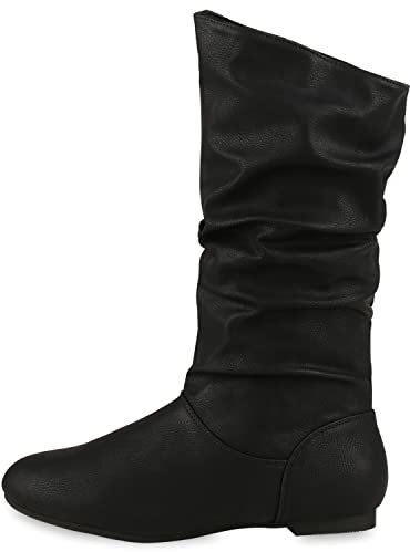 VAN HILL Damen Schlupfstiefel Warm Gefütterte Stiefel Basic Wildleder-Optik Schuhe Flache Slouch Boots 610615 Schwarz 39