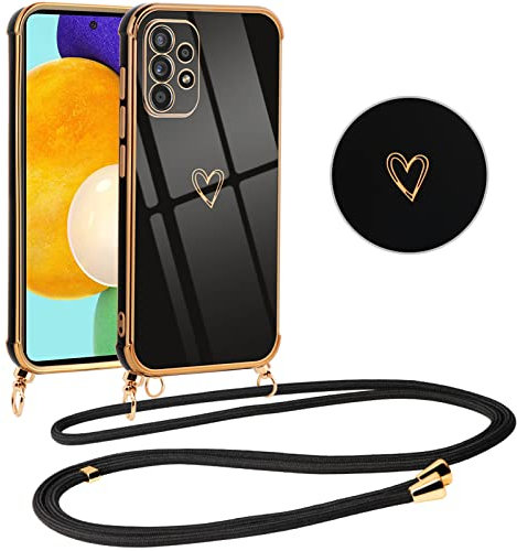 Vauki Coque pour Samsung Galaxy A52s 5G/A52 4G/5G avec Cordon de Collier, Galvanisé Etui Housse avec Motif Coeur d'amour, Antichoc Anti-Rayures Case avec Bandoulière pour Samsung A52s/A52 6.5, Nior