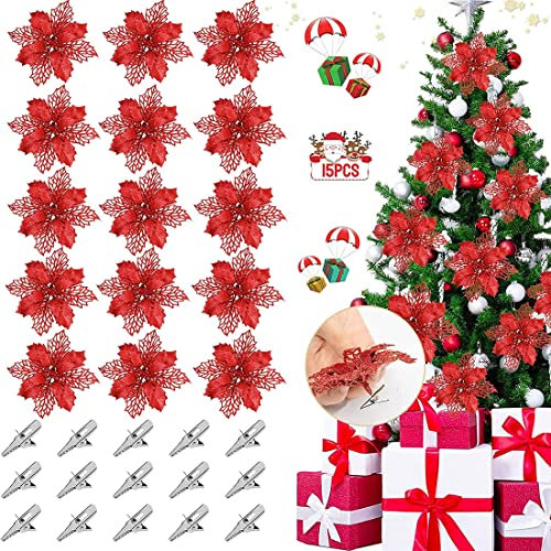15 Stück Weihnachtsstern Blumen, Weihnachtsblumen Künstlich Blumen Deko, Christmas Glitter Poinsettia, Weihnachtsbaum Dekoration, Weihnachten Blumen Dekor Ornament, für Hochzeit Neujahr, 16cm, Rot