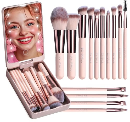 BS-MALL Lot de 14 mini pinceaux de maquillage de voyage pour fond de teint, poudre, anti-cernes, ombres à paupières, avec lumière LED miroir (APINK)