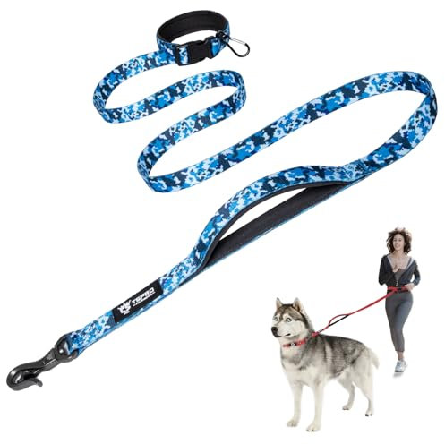 TSPRO Freihandleine Hund für Mittel bis Große Hunde, Verstellbar und Dauerhaft, mit Weichem Gepolstertem Griff und Metallschnalle (Camo Blau)