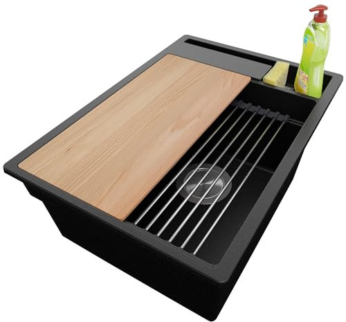 PRIMAGRAN Fregadero Cocina Negro 38x53cm, Granito 1 Seno + Sifón + Accesorios, Sobre encimera al mueble 40cm - Oslo Pocket