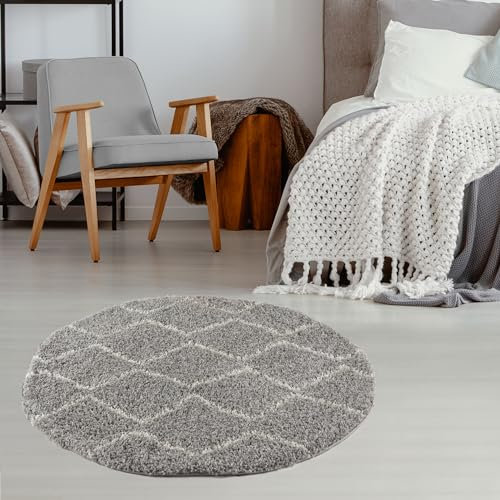 THE RUGS Modern Moroccan Design Living Room and Bedroom Rugs, Non-Shedding & Easy Care (Boho Grey/Ivory, 120 cm Round)