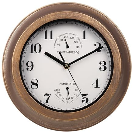 XQZMD Außen Wasserdicht Wanduhr Mit Temperaturanzeige Und Luftfeuchtigkeit, Vintage Ohne Tickgeräusche, Retro Industriestil Für Garten Küche Wohnzimmer Patio (B)
