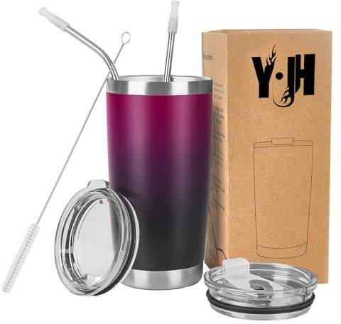 Y·J&H 20oz (550ml) Travel Tumbler Double Wall Vacuum Insulated Coffee Mug Stainless Steel Coffee Cup with 2 Splash Proof Lid, 2 Straws & Free Cleaning Brush, BPA Free - Purple&Black