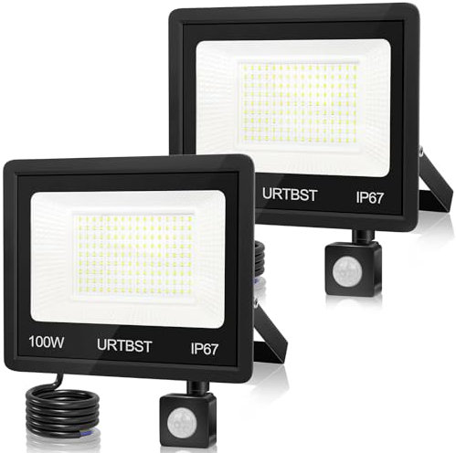 URTBST Projecteur LED Exterieur Detecteur de Mouvement,100W 10000LM Projecteur Exterieur LED,IP67 Étanche Spot LED Extérieur,7000K Blanc Froid Eclairage Exterieur avec Detecteur pour Jardin (2 Pièce)