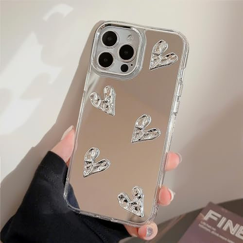 ZTOFERA Case for iPhone 14 Pro Max, Cute Silver 3D Love Heart Clear Makeup Mirror Case, Flexible Shockproof Anti-Scratch Protective Cover for iPhone 14 Pro Max 6.7- 5 Hearts