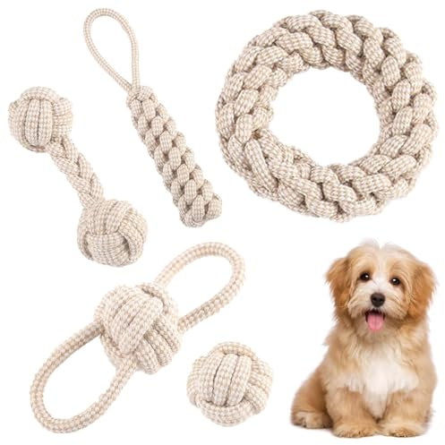 5 Stück Kauen Hundespielzeug Set,Interaktives Kauspielzeug aus Natürlicher Baumwolle,Hundespielzeug Seil mit Knoten Ball,für Kleine Mittlere Große Welpen Katzen Haustier Zahnpflege,Beige Leinen