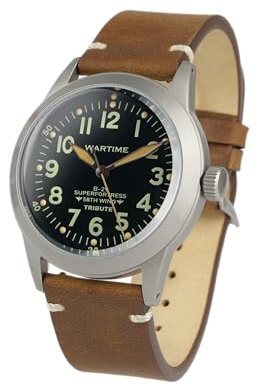 WTI WORLD TIME INTERNATIONAL Militäruhr im Pilotenstil, inspiriert vom A-11 des Zweiten Weltkriegs: limitierte und nummerierte Vintage-Edition für Sammler mit Extras, Schwarz , Riemen