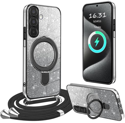 XCYYOO HandyHülle für Samsung Galaxy A36 5G Hülle mit Band,[Mit Abnehmbarem Standfuß] Transparente Silikon Stoßfest Handykette Schutzhülle Ring Ständer Case mit Kette für A36 5G Samsung