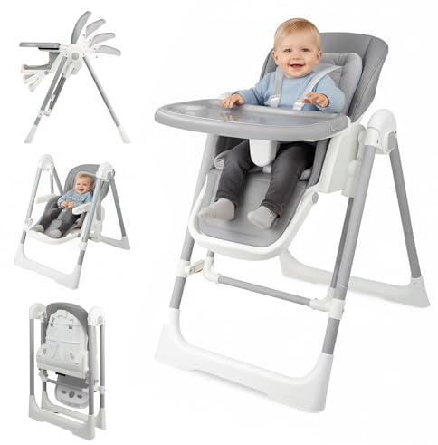 High Chairs for Babies and Toddlers Convert to Baby Rocker Foldable High Chair Adjustable Convertible with Reclining Seat & Leg Rest, 3-in-1 with Tool-Free Assembly (Grey)