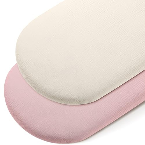 Spannbettlaken Beistellbett 90x50 cm, Musselin Stubenwagen Matratzenbezug | 100% Musselin Baumwolle, Atmungsaktiv Spannbettlaken für Babybett Beistellbett und Baby Stubenbett, 2er Pack, Rosa und Beige