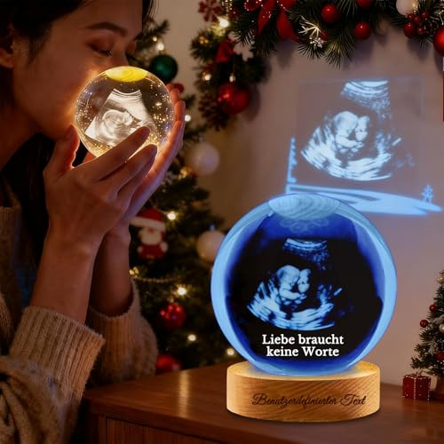 Personalisierte Schneekugel mit Foto, 3D Laser Kristallkugel 7 Farben LED, Weihnachten Geschenke Familie Kids, Weihnachtskugeln mit Namen, Glaskugel Deko (Personalisierte Glaskugel)