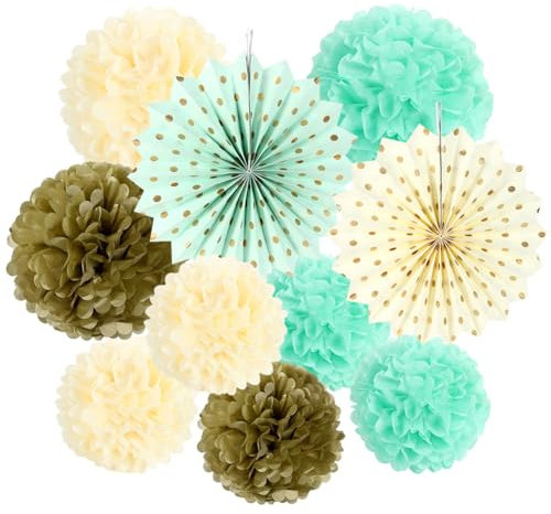 SUNBEAUTY Seidenpapier Pompoms, 10er Set Papierfächer Fans Pompons Ponponbälle Deko Rosetten Mint Grün Gold Creme für Geburtstag Hochzeit Feier Valentinstag Party Babypartys