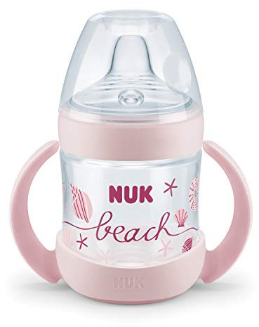 Nuk Beach Nature Sense Biberon d'apprentissage 6-18 mois, 150 ml, extra large et souple, anti-fuite, fille (rose)