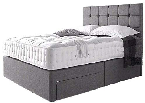 Divan Beds Deals - Luxurious Grey Linen Double Divan Bed Frame with 10'' Spring Memory Foam Mattress | 20'' Cube Headboard & 2 Spacious Storage Drawers | Breathable & Orthopaedic Support