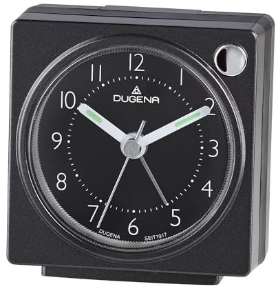 Dugena Quarzwecker, schleichende Sekunde, mit Weckzeiger, Weckwiederholung, Zifferblattbeleuchtung, ansteigendes Wecksignal, Maße 63 x 66 x 33 mm, inklusive Batterie (schwarz)