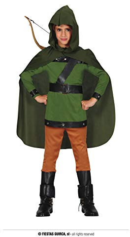 FIESTAS GUIRCA | Bogenschütze Kostüm für Kinder (10-12 Jahre) - T-Shirt, Umhang, Kapuze, Armschoner und Hose - Mittelalterliche, Banditen- und Musketier Kostüme - Ideal für Kinder - Grün und Braun