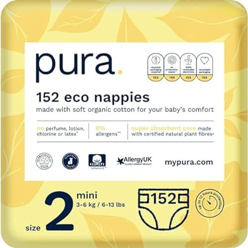 Pura Öko-Windeln Größe 2 (Mini 3-6 kg), 152 Windeln (4 x 38 pro Packung), Monatsbox, mit EU Ecolabel Zertifiziert, für Empfindliche Haut, aus Bio-Baumwolle, Geruchsfrei, Feuchtigkeitsindikator