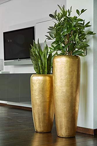 Pot de fleurs, élégant, en fibre de verre et métal, avec insert, pour l'intérieur, jardinière, vase, moyen modèle : 100 cm, doré