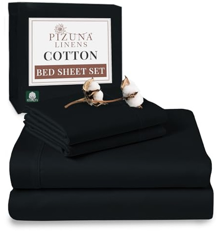 Pizuna 100% Cotton King Size Sheet Set Black 400 Thread Count | 400 Thead Count Long Staple Cotton Bedding, 275x280 cm, Soft Sateen 4 Pc King Bed -fitted Flat Sheet & 2 Pillowcases