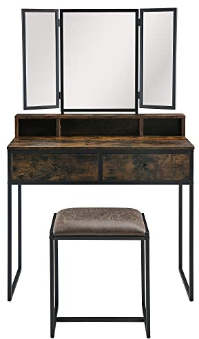 MODERION Schminktisch, Frisiertisch mit 3-teiligem Klappspiegel(inkl. 3 Unterteiler), Kosmetiktisch mit gepolstertem Hocker, 2 Schubladen, 90 x 40 x 142 cm (Braun A1)
